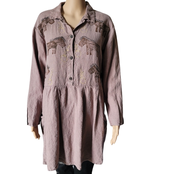 SOLDVintage FLAX Women's Linen Tunic Mauve w/ Horse Art, Boho Cottagecore Medium - Picture 11 of 11